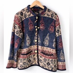Vintage 90s Flashback M.I.C Canada Tapestry Knit Jacket Boho Patchwork Medium